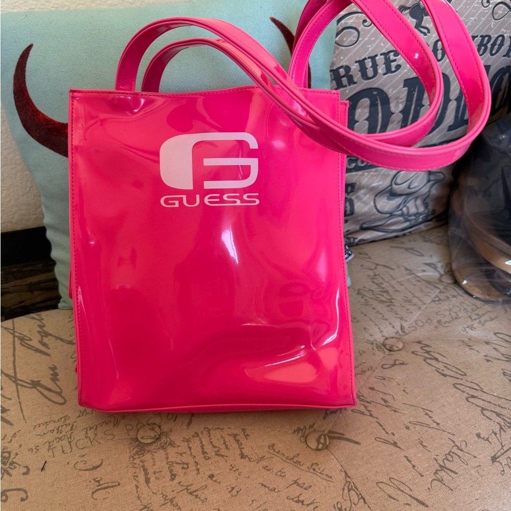 GUESS Neon Pink Glossy Tote vintage Y2K Euc